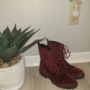 Maroon Velvet Combat Boots